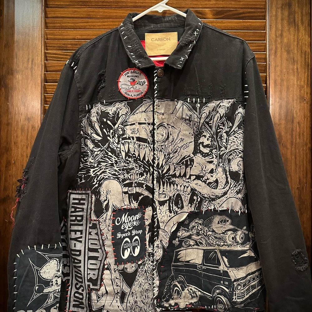 HD style patch Denim Burning Man Fallout Distressed  Black Graphic Men's Jacket